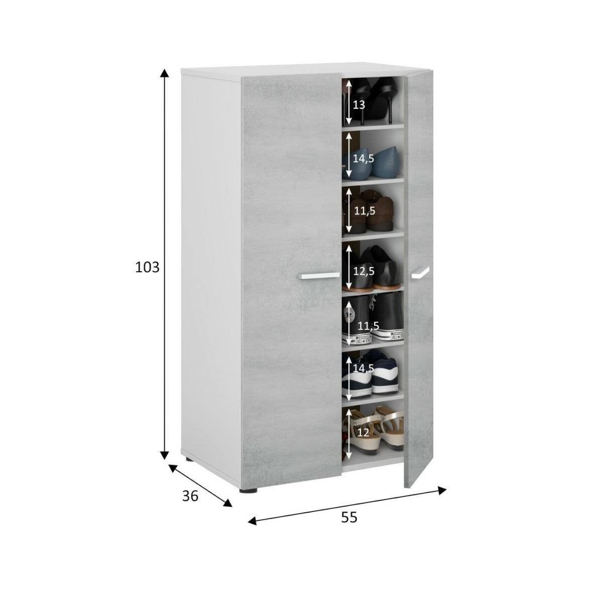 Dmora - Armadio multiuso 2 ante Norwalk, Armadio porta scarpe, Mobile basso con 6 ripiani, Scarpiera bassa moderna, 55x36h103 cm, Bianco e Cemento
