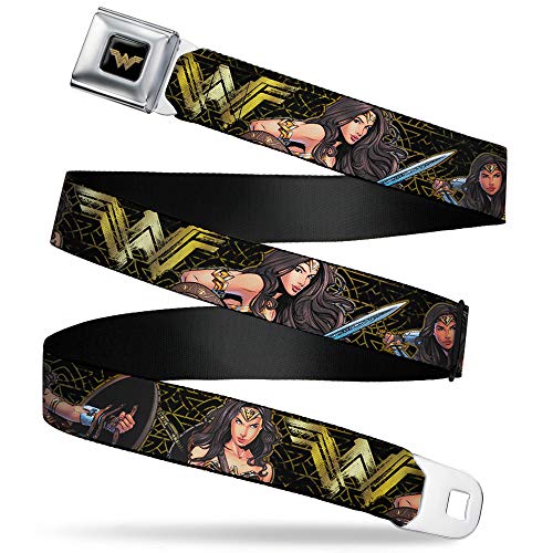 Buckle-Down Men's Seatbelt Belt Wonder Woman Kids, icon/Sketch Poses Black/Gold, 1.0