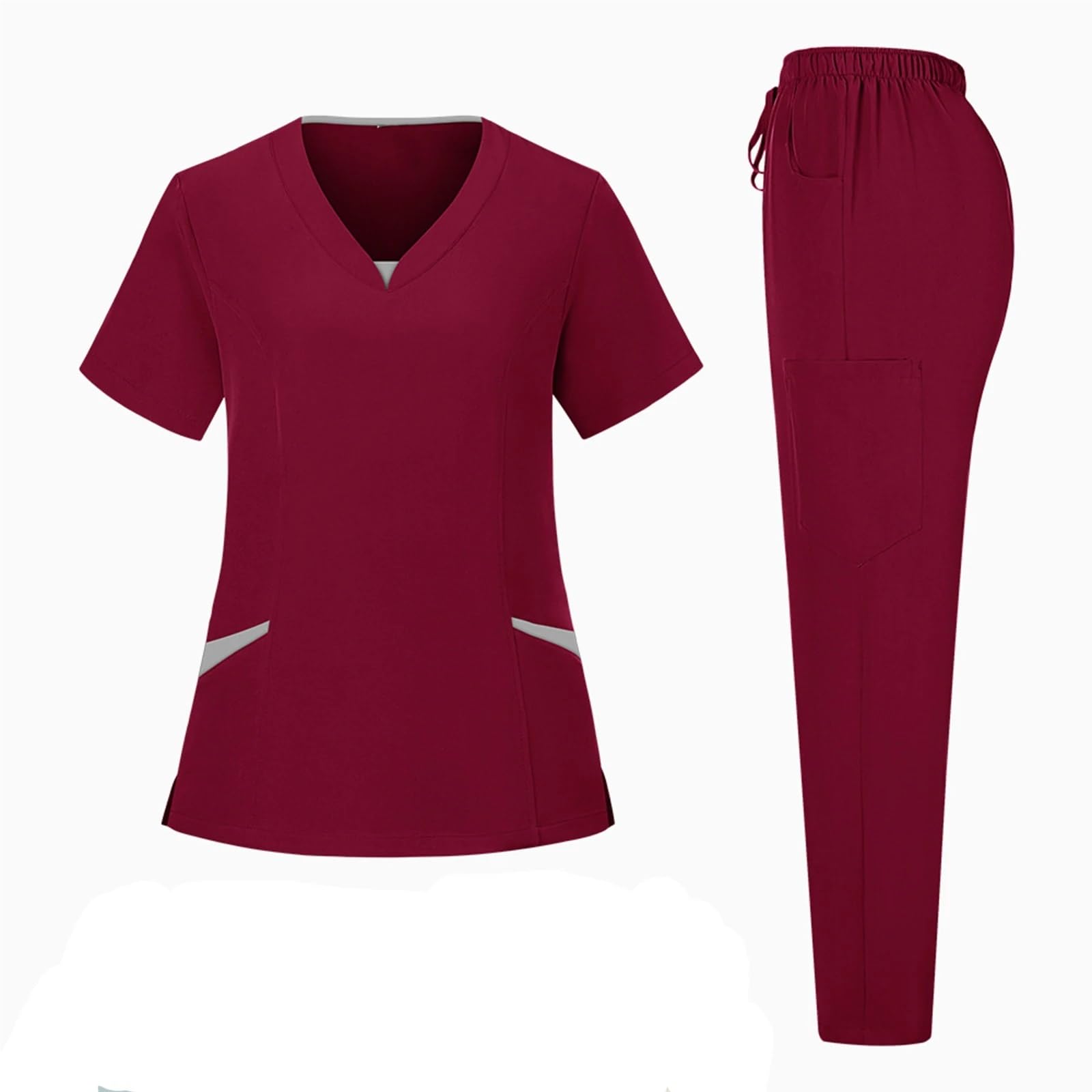 AHUFGN Nurse Scrubs Women Anti-Wrinkle Comfortable Nursing Uniforms Men Unisex Clinical Surgical Lab Scrubs Suit Top Pants(Wine,XXL)