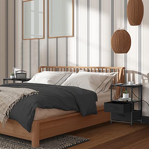 Domydevm Nightstand With Charging Station Modern End Table With Usb Ports And Outlets Black Bedside Table With 2 Fabric Storage Drawers For Bedroom Living Room Dorm Farmhouse #TOP1