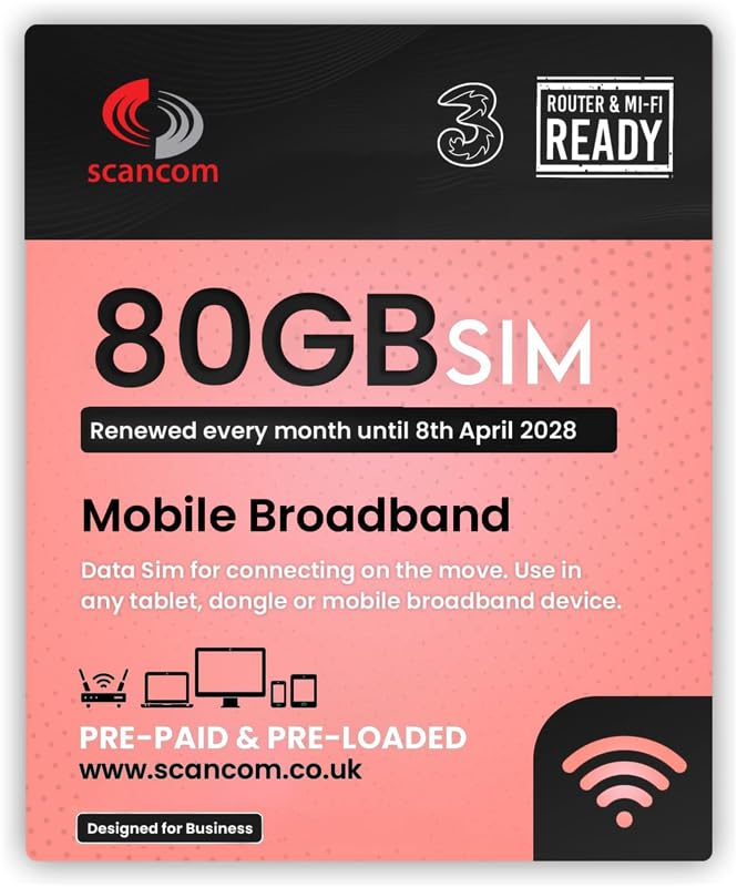 Three 80GB Data SIM - Uncapped 5G - Preloaded MONTHLY Until April 2028 - Plug & Play for Routers & Phones - Access to Three & Vodafone - Connects to the Strongest Signal available