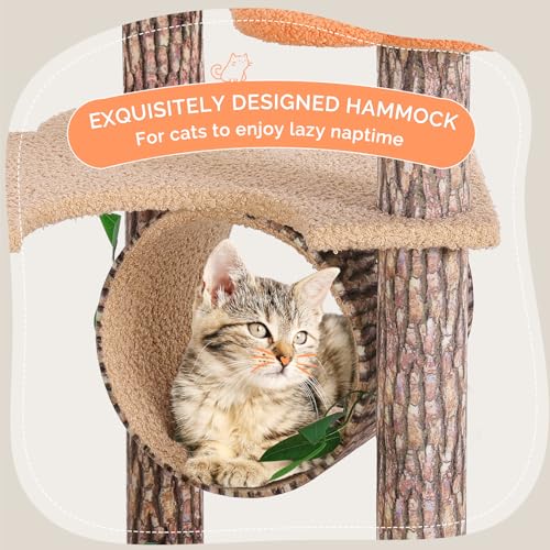 Lucky Monet Cat Tree with Leaves for Indoor Cats, 61 Inch Unique Forest Themed Cat Tree Tower, Fun Cat Activity Tree with Scratching Post, Condo, Flower Platform