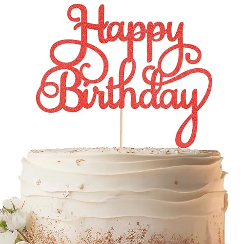 EONNCNT Decoración para tarta de feliz cumpleaños, suministros de decoración de pastel de cumpleaños con purpurina roja, decoración de pastel de feliz cumpleaños, suministros de fiesta de cumpleaños,