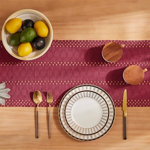 Image of ZeeMart Macrame Style Boho Table Runner, 12x90 Inch Burgundy | Woven Boho Table Runner with Handmade Tassels, Crochet Hollow Table Scarf, Farmhouse Kitchen Home Decor Dresser Runner