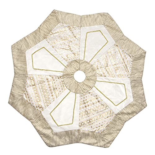 Valery Madelyn 48 Inch Elegant White Gold Octagon Large Christmas Tree Skirt Decorations With Embroidery Patchwork & Geometric Sequin Pattern, Holiday Party Christmas Tree Decor #TOP1