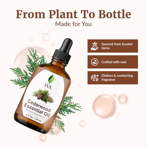 Image of SVA Cedarwood Essential Oil 4 Fl Oz - for Diffuser, Skin & Hair Care - Ideal for Massage & DIY Blends - with Dropper