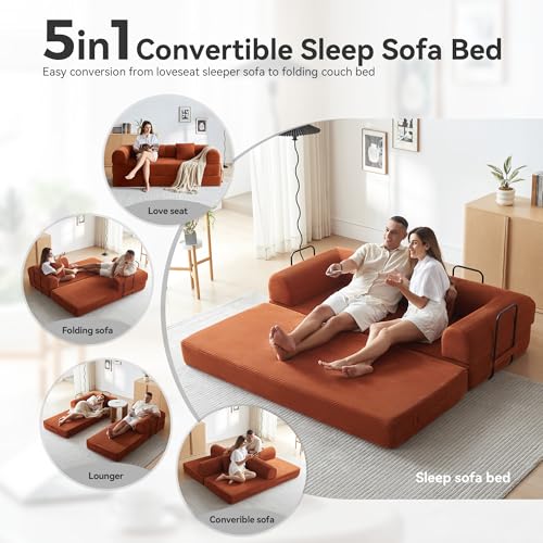 Image of Convertible Sleeper Sofa with 2 Pillow, Modern Corduroy Futon Bed, Modular Sofa with Pull-Out Bed, Love Seat Sleeper for Living Room, Small Space Apartment, Office