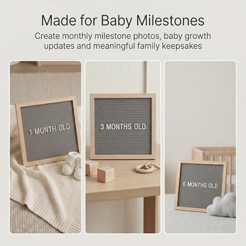 Image of C CRYSTAL LEMON Letter Board By Crystal Lemon,Felt Letter Board,10X10 Inches,Changeable Wooden Message Board Sign,Wood Frame,Wall Mount,Free Standing(Gray) | Changeable message board with neutral gray felt, wooden frame and tabletop stand for home and classroom