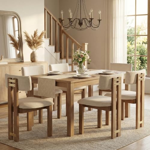 Image of HNY Modern Farmhouse Linen Dining Chairs Set of 6, Beige Fabric Upholstered Dining Room Kitchen Chairs with Natural Wood Frame & Curved-Back, Armless Accent Wood Chairs for Dining Living Room