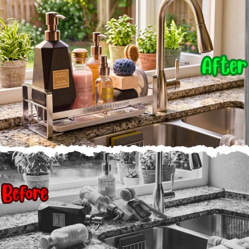 Image of Large Stainless Steel Sink Organizer for Kitchen Basin | Stainless Steel & Washroom Organizer with Drain Tray | Wall Mounted Soap Stand & Sponge Holder | Kitchen Sink Rack | Silver
