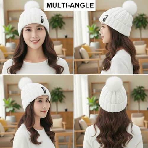 Image of Kraptick Women's Winter Cap - Knit Beanie with Soft Fleece Lining Hat, Stylish Pom Pom Thick Woollen Skull Cap, Warm Hat for Ladies & Girls -3