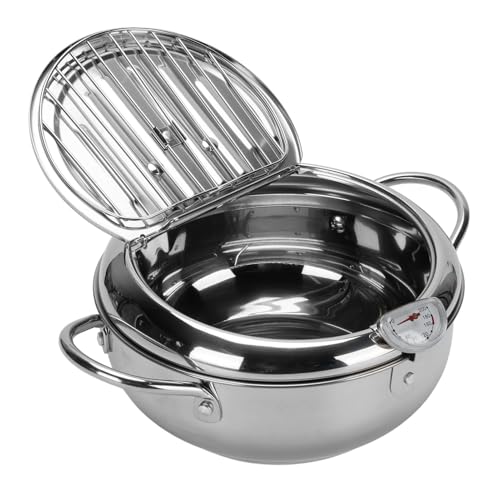 Deep Fryer Pot, Stainless Steel Deep Frying Pot With Thermometer, Lid and Oil Drip Drainer Rack, Tempura Deep Fryer Pot for Kitchen French Fries ChickenWings and Shrimp (20CM)