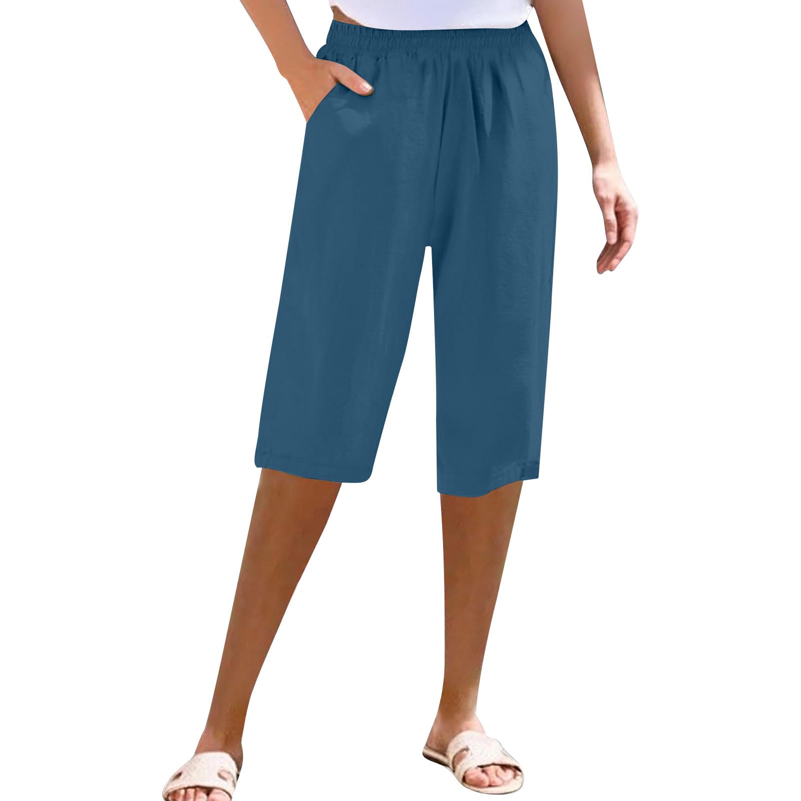 Summer Linen Capris for Women Dressy Casual Stretch Lightweight Capri Pant Elastic High Waist Lounge Crop Pants 2025(Blue,Small)