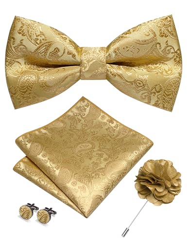 JEMYGINS Gold Paisley Bow Tie Pre-tied Bowtie and Pocket Square Cufflinks Lapel Pin Sets for Men(1)