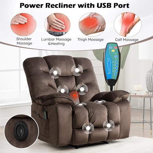 Image of HAOMARKETS Power Recliner Chair Set of 2 with Massage and Heat, 41 inch Wide Electric Reclining Chairs with USB Port, Breathable Fabric Overstuffed Reclining Sofa for Living Room, Brown