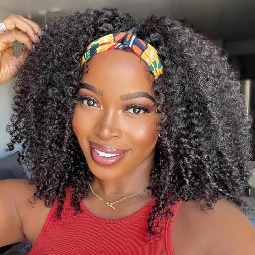 Image of XSY kinky Curly Headband Wig Human Hair 16 Inch Glueless No Lace Wigs Human Hair for Black Women 150% Density Curly Wig Natural Color