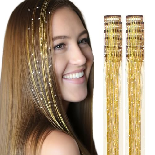 Hersun Hair Tinsel Gold Clip in Hair Tinsel 12 Pcs 20in