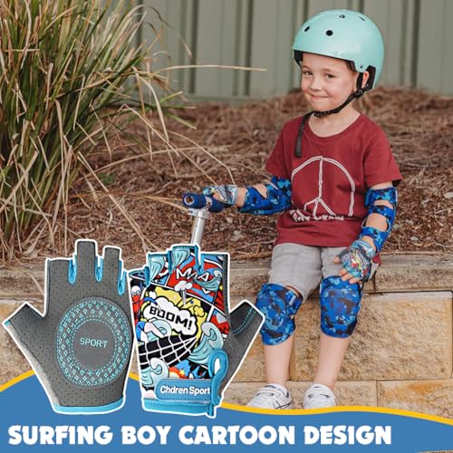 Image of Proberos Surfing Boy Kids Bike Gloves Size S for 4-8 Years Old, Anti-Slip Breathable Fingerless Cartoon Print Riding Sport Gloves for Children's Bicycle