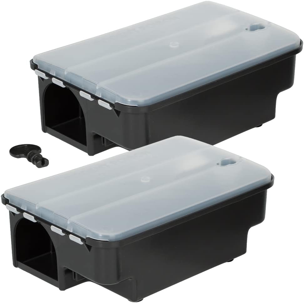 2 estaciones de cebo para ratas con pegatinas de advertencia, caja de cebo eficaz para la colocación de veneno para ratas, combate contra ratas, cebo venenoso para casa, jardín, industria