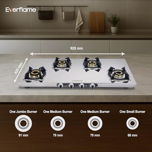 Image of Everflame Marvel 4 Burner Gas Stove(Long) | Manual Ignition | 6G Series Brass Burner | ISI Certified Cooktop | 5 Years Warranty (Body & Burners) + 2 Year Comprehensive Warranty + Doorstep Service