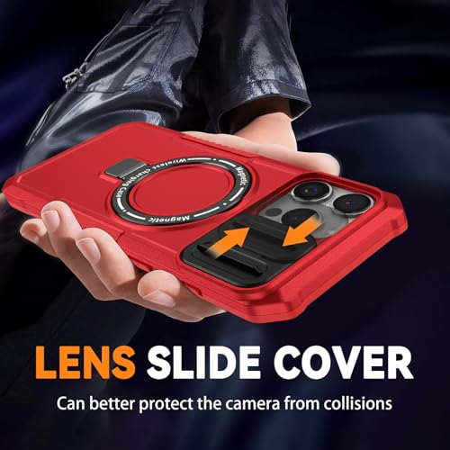 Magnetic Case for iPhone 16 Pro Max, with Ring Stand [Glass Screen Protector] [Compatible with MagSafe] Military Grade Case with Camera Cover, Heavy Duty Shockproof Cover for iPhone 16 ProMax, Red by KTUOHU - Used condition - Image 5
