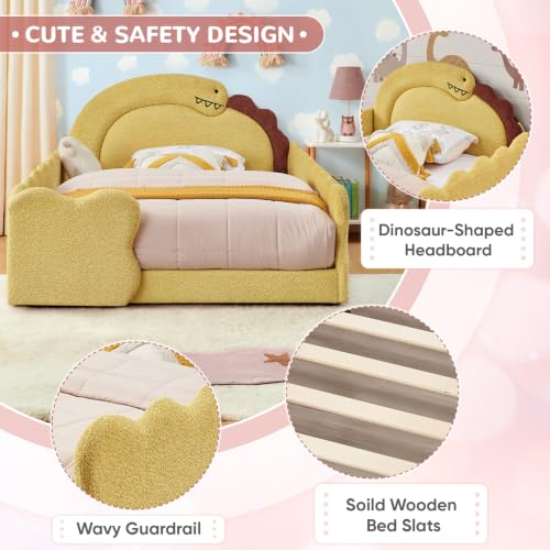 Image of Full Size Kids Bed with Dinosaur Headboard, Upholstered Boucle Fabric Twin Daybed with Slats Support & Side Pocket, Space-Saving Wooden Corner Sofa Couch Day Bed Frame for Girl, Boy, Teenager(Yellow)