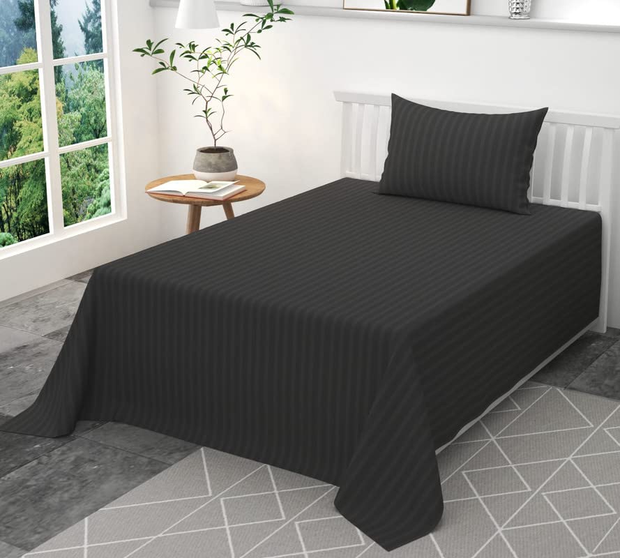 Image of 300 TC Glace Cotton Plain Stripe Queen Size Single Bedsheet with 1 Pillow Cover for Home, Hotel, Guest Room (60 X 90) Inch Grey Pack 1