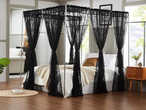 Image of Black Lace Curtains for Living-Room 84 inch Length, Fine Rose and Leaf Embroidered Light Filtering French Country Curtains for Bedroom, Vintage Delicate Floral Sheer Window Drapes 52 inch w Rod Pocket