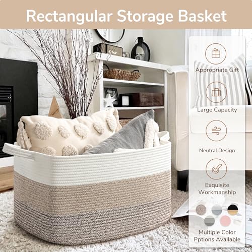 Goodpick Large Woven Storage Basket, 21.6" x 14.9" x 11.8" Rectangle Rope Baskets for Toy Storage, Blanket Basket for Living Room, Bedroom, Light Brown