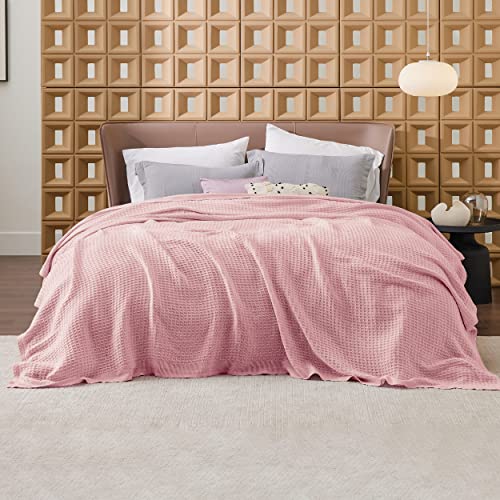 Bedsure 100% Cotton Blankets Queen Size For Bed - 405Gsm Waffle Weave Blankets For Summer, Cozy And Warm, Pink Soft Lightweight Woven Blankets For All Seasons, 90X90 Inches #TOP2