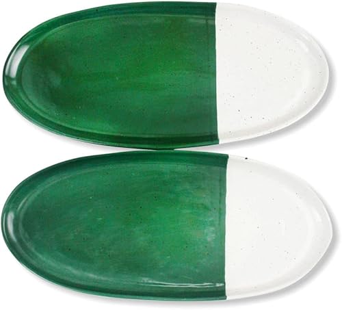 Miniatura 2 de roro Platos de cerámica hechos a mano, ovalados de 11.5 pulgadas, diseño moteado de dos tonos verde y blanco marfil, juego de 2, ideal para