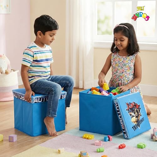 Image of Kudos Kids Transformers Print Foldable Storage Box | Non-Woven Fabric Toy Storage Basket | Laundry & Clothes Organizer with Lid (Blue)
