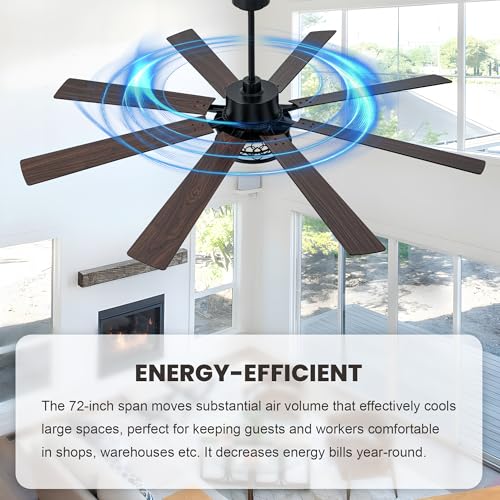 Image of Dawn Whisper 72 Inch Ceiling Fans with Lights Black Farmhouse Ceiling Fan with Remote Quiet Reversible DC Motor 6 Speeds 8 Blades