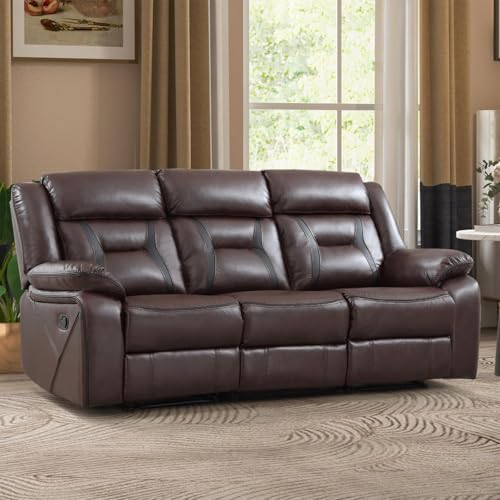 Image of EBELLO Faux Leather Manual Reclining Sofa, 3 Seat Recliner Sofa Chair, Couch Furniture for Living Room, Furniture, Meeting Room, Dark Brown (3 Seat Sofa)