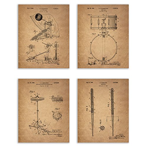 Drum Patent Prints - Set of 4 (8 inches x 10 inches) Photos Vintage Wall Art Decor