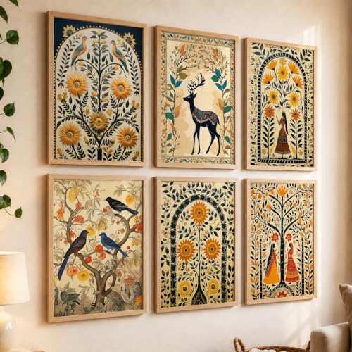 Image of kotart Premium Digital Madhubani Art Paintings with Frame for Home Decor - Framed Painting Living Room Bedroom Office - Wall Decoration - Pack of 6 (14X20 Inch, C)