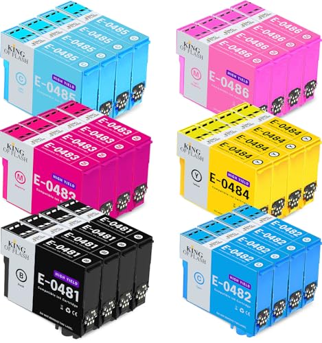 KING OF FLASH 4 Full Sets Compatible Printer Ink Cartridges For Epson T0487-4 x Cyan, 4 x Magenta, 4 x Yellow, 4 x Black, 4 x Light Cyan, 4 x Light Magenta R200,R220,R300,R300M,R320,R340