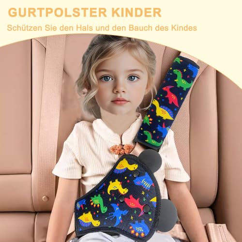 QUNXON Gurtpolster Kinder Set, Verstellbares Gurtpolster Auto, Taille Gurtpolster, Abnehmbarer Gurtschutz Kinder Auto, Schulterpolster Gurtschoner für mehr Komfort auf der Reise (Dinosaurier Schwarz)