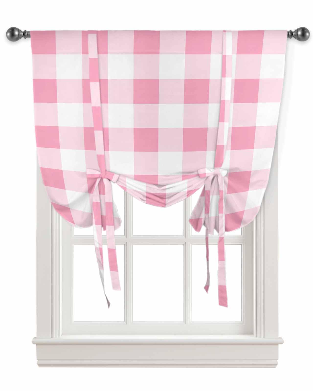 Pink White Plaid Tie Up Curtains for Window, Thermal Insulted Balloon Shade Adjustable Rod Pocket Curtains Valance Panels for Kitchen Bathroom Café 42