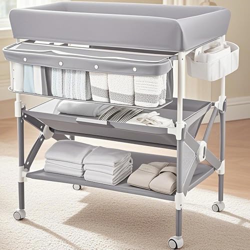 Image of Portable Baby Changing Table, Babevy Foldable Diaper Change Table with Wheels, Adjustable Height, Cleaning Bucket, Changing Station for Infant Mobile Nursery Organizer for Newborn, Grey
