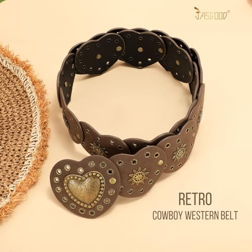 JASGOOD Western Belts for Women Wide Hollow Disc Leather Belt Cowgirl Waist Belt for Jeans Dresses with Metal Buckle4