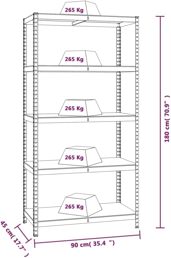 Diagram showing the dimensions of a single shelving unit: 35.4 inches wide, 17.7 inches deep, and 70.9 inches high, with each of the five shelves rated for 265 kg.