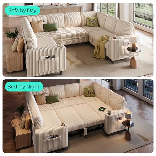 Image of LINSY HOME Sectional Sleeper Sofa with Pull Out Couch Bed - Convertible Plush Corduroy Cloud Couch with Storage Chaise & USB Charging, Comfy Modular Couches for Living Room, Beige