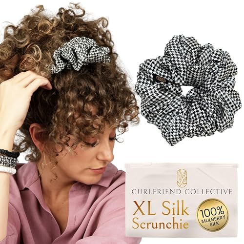 Image of Curlfriend Collective Houndstooth XL Silk Scrunchie - 100% 22 Momme Mulberry Silk Hair Tie for Curly, Coily & Thick Hair - Gentle Hold, Extra Stretch, Stylish & Snag-Free