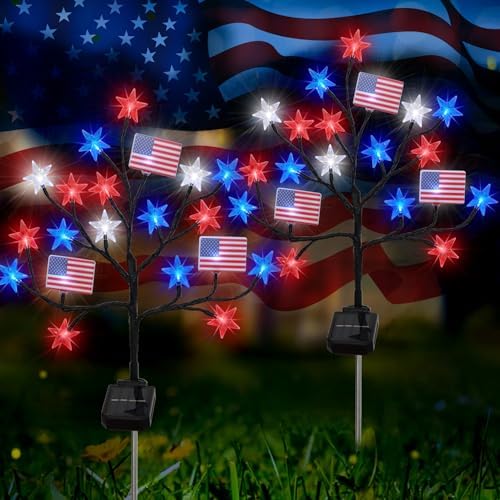 Upgraded 4th of July Decorations Solar Lights, 2 Packs 40LED Red White