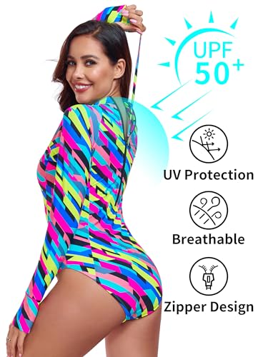 Ocean Blues Women's Lond Sleeves One Piece Bathing Suit Sun Protection Swimwear UV UPF 50+ Rash Guard Zipper Swimsuit3