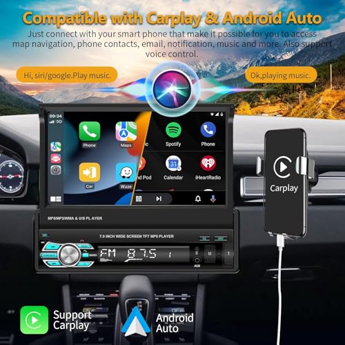 Image of Podofo Single Din Carplay Car Stereo with Bluetooth AHD Backup Camera, 7 Inch flip Out Touch Screen Car Radio MP5 Player Support Android Auto, Mirror Link, USB, TF, FM Radio, Aux-in, SWC