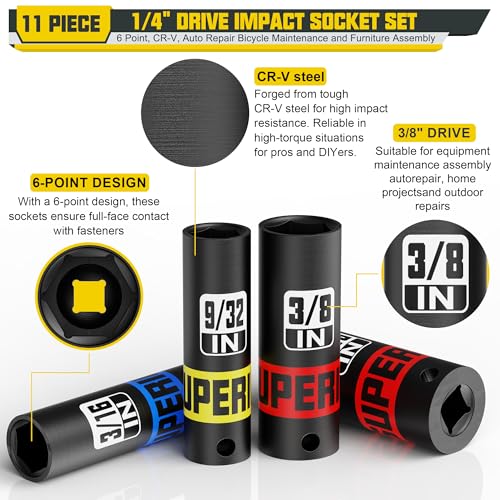 Image of 11 Piece 1 /4 inch Drive Impact Socket Set, 5 /32 inch - 9 /16 inch Deep Socket, SAE, 6 Point, CR-V, Auto Repair Bicycle Maintenance and Furniture Assembly