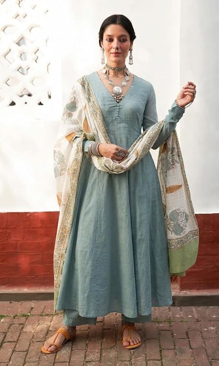 Image of ANNI Designer Viscose Blend Embroidered A-Line Kurta with Palazzo and Dupatta for Women | Viscose Blend Turquoise | Full Sleeve | V-Neck | Ethnic Wear Casual Wear