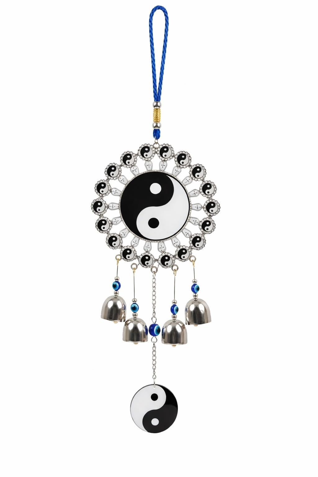 DBZ Yin Yang Wind Chime with Bells, Evil Eye Beads, Blue Hanging Rope, Metal, Feng Shui Home Decor-image-35